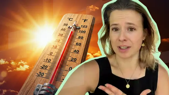 Hitze - Luisa Neubauer vor einem Thermometer vor strahlender Sonne
