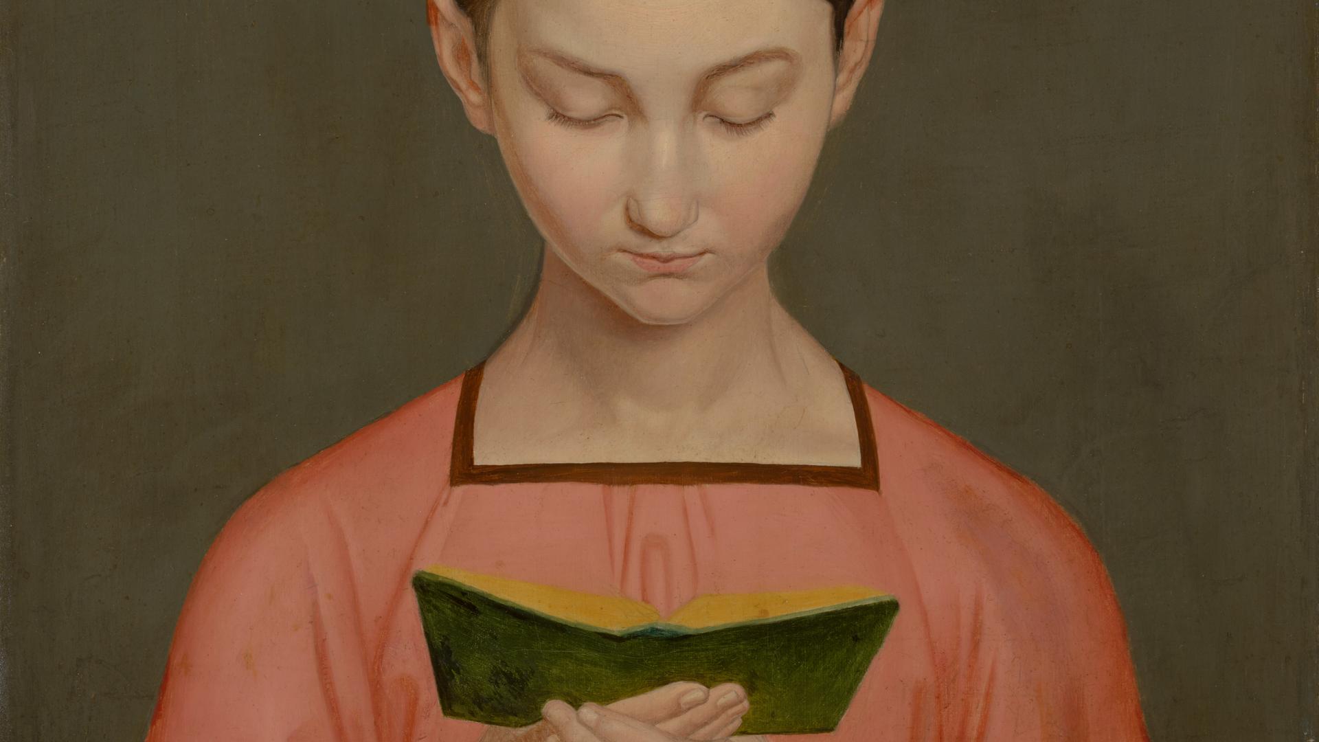 Gemälde von einem Mädchen in roter Kleidung, das ein Buch in seinen Händen hält und liest | MdbK