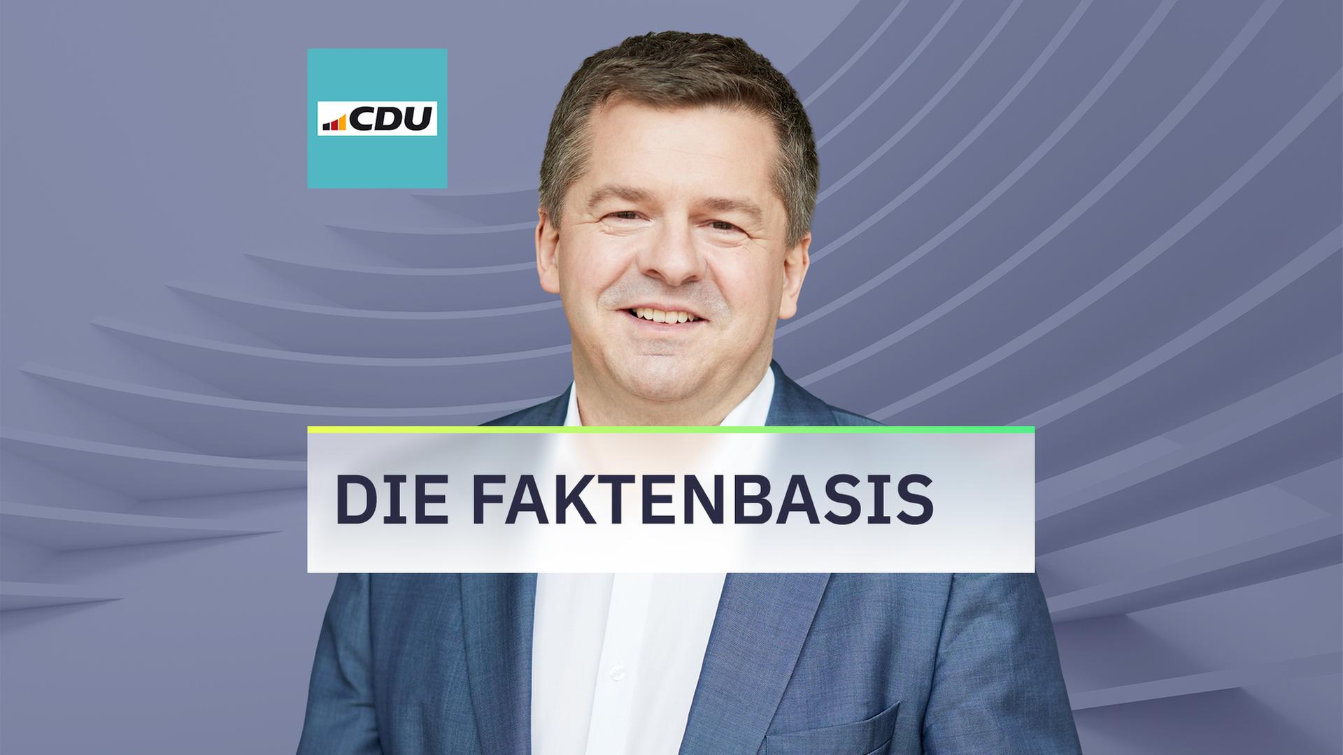 Porträtbild des Spitzenkandidaten für die CDU zur Landtagswahl in Sachsen-Anhalt, Sven Schulze. Darauf montiert sind eine Grafik mit der Aufschrift Die Faktenbasis und das Logo der CDU. | Rayk Weber | MDR/Erik Johannsen