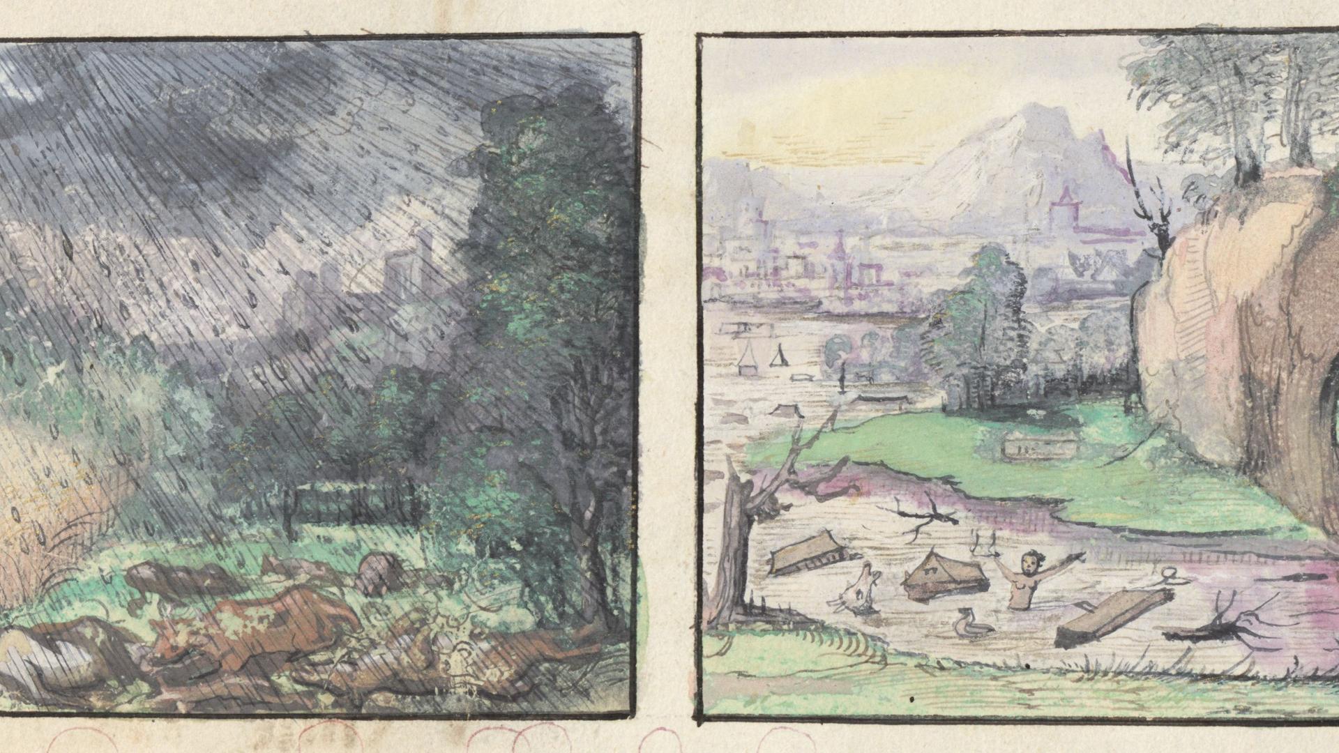 Eine Illustration aus einem alten Buch: Auf der linken Seite ist eine Szenerie mit extremem Regen zu sehen und auf der rechten Seite eine zerstörte Naturlandschaft und Hochwasser. | Public Domain Mark 1.0 Universal