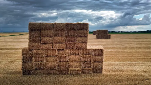Wolken ziehen über Strohballen, die auf einem Feld gestapelt worden sind.
