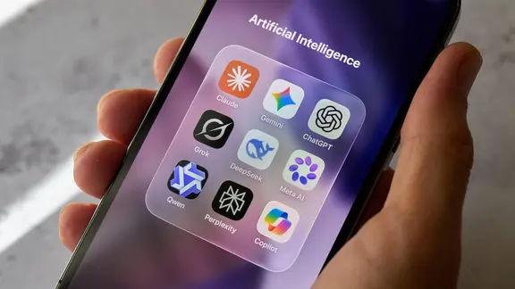 Eine Hand hält ein Smartphone mit einem Ordner für Anwendungen Künstlicher Intelligenz. Darin befinden sich die Apps Claude, Gemini, ChatGPT, Grok, DeepSeek, Meta AI, Qwen, Perplexity und Copilot.
