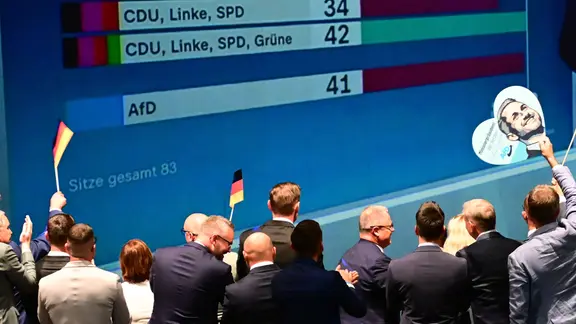 AfD-Anhänger reagieren nach der Prognose zum Ergebnis der Landtagswahl Sachsen-Anhalt bei der Wahlparty der AfD
