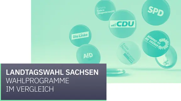 Im Hintergrund sind Parteilogos zu sehen, davor steht: Landtagswahl Sachsen, Wahlprogramme im Vergleich.