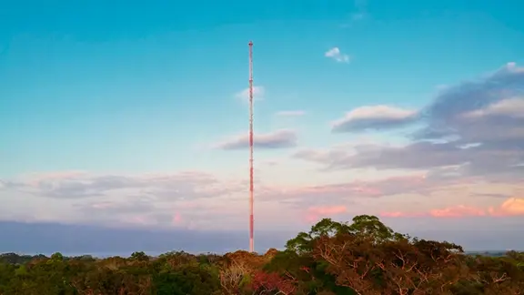 Hoher, schmaler, rot-weißer Funkturm-änlicher Turm ragt aus dichten, grünen Baumkronen eines tropischen Waldes hervor; klarer blauer Himmel mit vereinzelten Wolken und rosarotem Sonnenuntergangslicht.