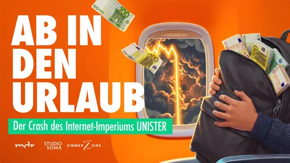 Keyvisual: MDR-Podcast: Ab in den Urlaub: Der Crash des Internetimperiums Unister - darauf ein Flugzeugfenster und ein Mann, der einen Geldkoffer auf dem Schoss hat  In 3 Episoden à 40 - 45 Minuten erzählt der Podcast die Geschichte des Leipziger Unternehmens