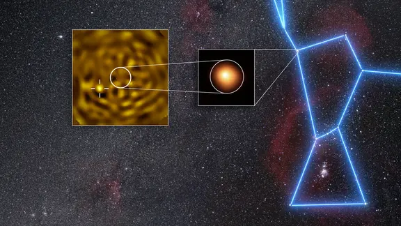 Mithilfe des Very Large Telescope der ESO gelang Astronom*innen die bislang schärfste Aufnahme dessen, was sehr wahrscheinlich Beteigeuze B ist: ein Stern, der Beteigeuze umkreist.