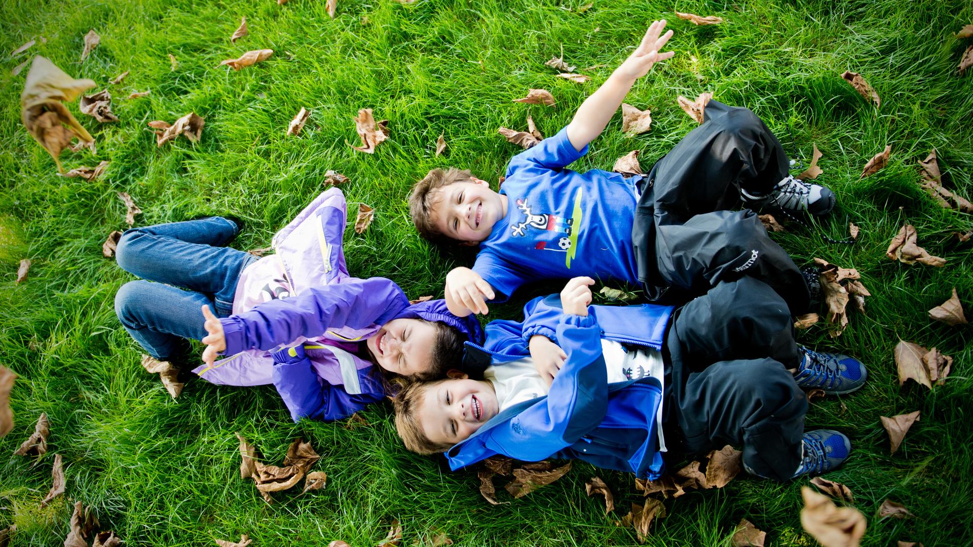 Drei Kinder liegen auf einer Wiese mit Laub | picture alliance / dpa | Jan-Philipp Strobel