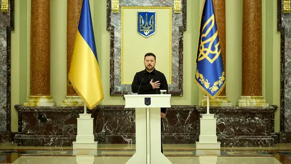 Der ukrainische Präsident Wolodymyr Selenskyj bei einem Festakt im Präsidentenpalast in Kiew, 3. August 2026.