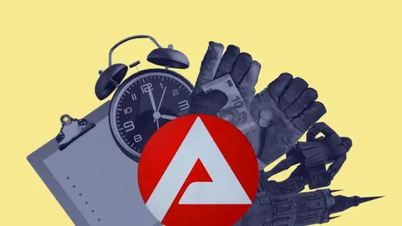 Um das Logo der Bundesagentur für Arbeit sind mehrere Symbole angebracht: Ein Wecker, Stadt Halle, ein Klemmboard und Handschuhe mit Geld.