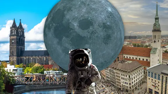 Collage vom Mond und Standorten in Deutschland, in denen Mondforschung betrieben wird: links in Magdeburg (Sachsen-Anhalt), rechts in München (Bayern).