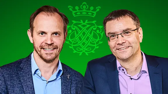 Zwei Männer lächeln in einer stilisierten Grafik, daneben der Text "Bach Kanal"