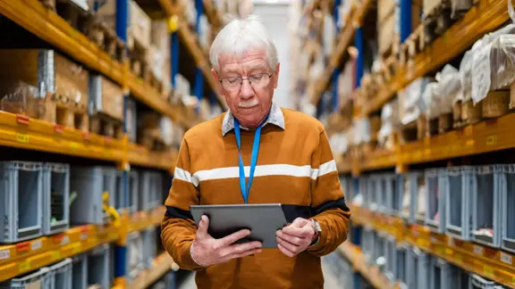 Ein älterer Mann mit einem Tablet in einem Lager