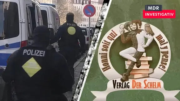 Bildcombo: Logo des rechstextremen Schlem-Verlags und Foto Polizei-Razzia