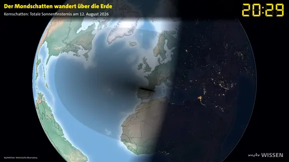Vorschaubild zum Video, das den Verlauf des Mondschattens auf der Erde bei der Sonnenfinsternis am 12. August 2026 zeigt.