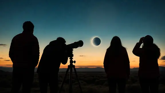 Vier Menschen schauen mit einem Teleskop einer Sonnenfinsternis zu