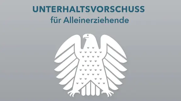 Blaue Schrift auf grauem Grund: "Unterhaltsvorschuss für Alleinerziehende". Darunter in weiß der Bundesadler.