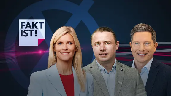 "Fakt ist!" Moderatorin Susann Reichenbach gemeinsam mit den Gästen Christian Stecker und Jurist Frank Bräutigam (v.l.n.r.).