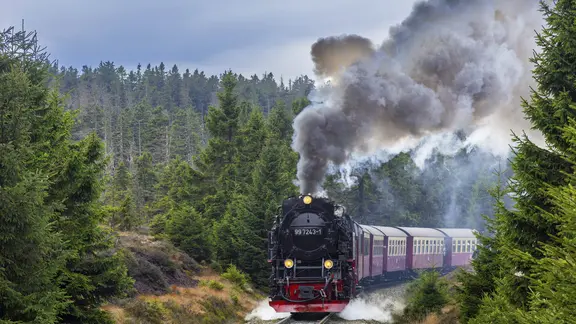 Eine Dampflokomotive der HSB fährt durch den Harz.