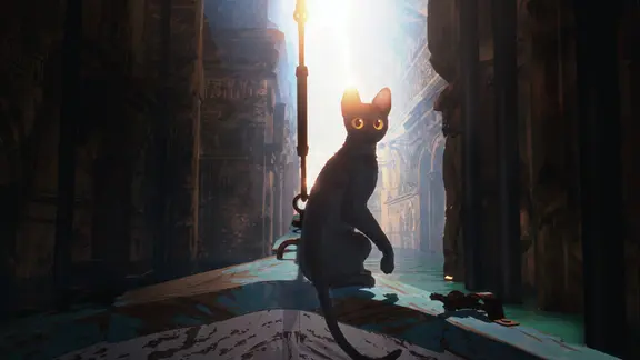 Filmstill aus dem Animationsfilm "Flow": Eine Katze mit großen, gelben Augen sitzt vor auf einem Boot, das zwischen Häusern hindruch fährt.