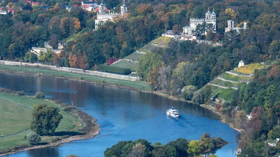 Ein historischer Schaufelraddampfer fährt auf der Elbe unterhalb der drei Elbschlösser Schloss Albrechtsberg (l-r), Lingnerschloss und Schloss Eckberg vorbei.