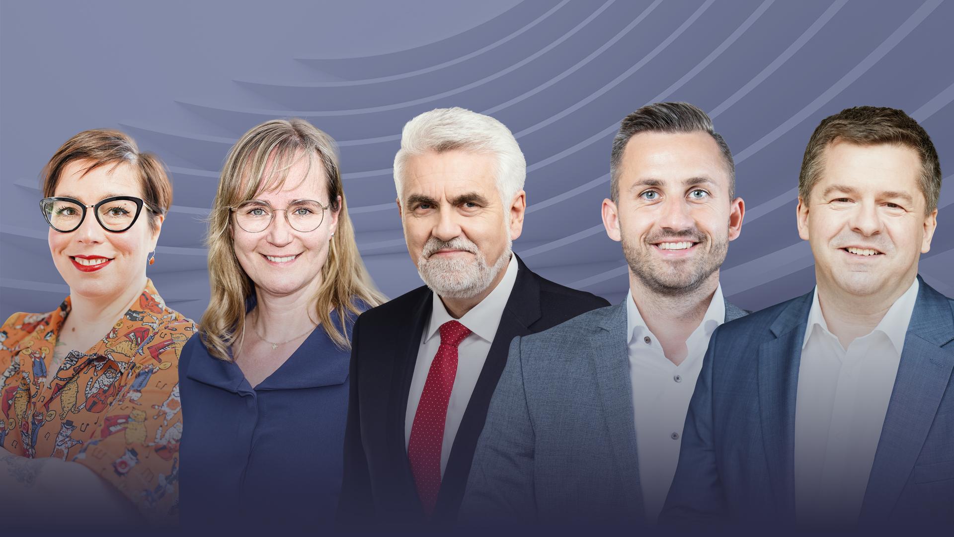 Die Spitzenkandidatinnen und -kandidaten von Grünen, Linken, SPD, AfD und CDU sind vor blauem Hintergrund nebeneinander zu sehen.  | Rayk Weber/Picture Alliance/Peter Gercke/Nilz Böhme/Julia-Steinigeweg | Grafik: MDR/Erik Johannsen