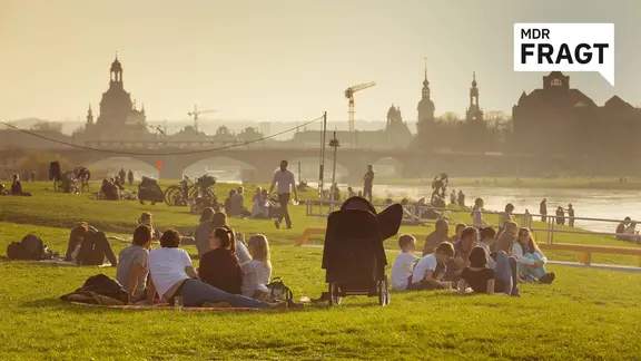 Viele Dresdner geniessen das warme Frühlingswetter auf den Elbwiesen vor der Kulisse der Frauenkirche.