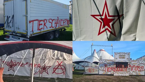 Eine Collage aus vier Bildern zeigt Schmierereien an einem Zirkus.