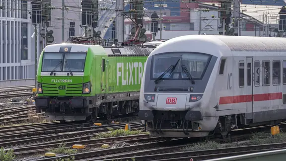 Ein Flixtrain und DB Zug