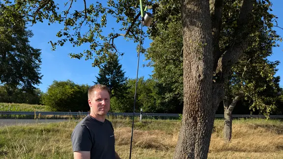 Roy Jacubasch greift mit einem Teleskopstab in einen Baum hinein. 