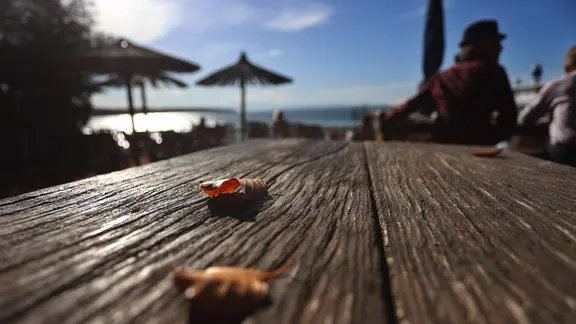 Menschen genießen in einem herbstlichen Biergarten den Sonnenschein und die milden Temperaturen.