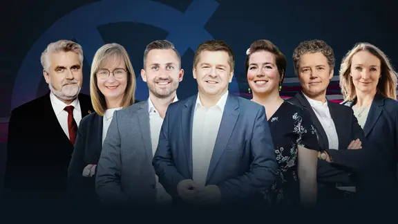 Freigestellte Porträts von sieben Spitzenkandidatinnen und Spitzenkandidaten zur Landtagswahl in Sachsen-Anhalt.