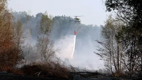 Ein Löschhubschrauber lässt Wasser über einem Waldgebiet ab. Der Brand auf einer ehemaligen Tagebaufläche war Ende Juni ausgebrochen. 