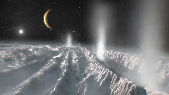 Künstlerische Darstellung von Cryovulkanismus auf dem eisigen Saturnmond Enceladus.