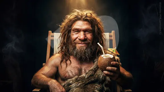 Neanderthaler mit Drink in einer Kokosnuss im Liegestuhl