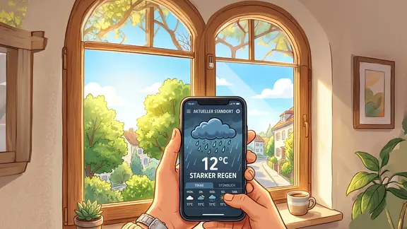 Illustration: Wetter-App zeigt Regen, obwohl die Sonne scheint