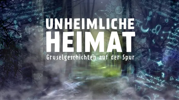 Ein schemenhafter Wald mit Nebel und seltsamen Symbolen (Astrologie), die durchschimmern. Davor in großen Buchstaben "Unheimliche Heimat - Gruselgeschichten auf der Spur"
