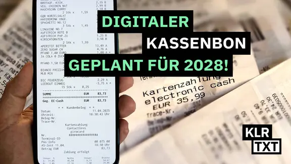 Fotomontage aus Kassenbons und einer Hand, die ein Handy mit einem E-Bon hält. 
