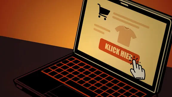 Bildschirm mit einem Button "Klick mich" sowie der Titelzeile "Dark Patterns - Warum wir fast immer alle Cookies akzeptieren".