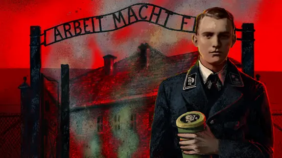 Junger SS-Mann mit einer Dose Zyklon B in der Hand vor rotem Hintergrund mit dem Tor eines Konzentrationslagers und dem Schriftzug "Arbeit macht frei"