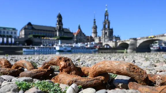 Eine rostige Kette liegt am Ufer in Dresden