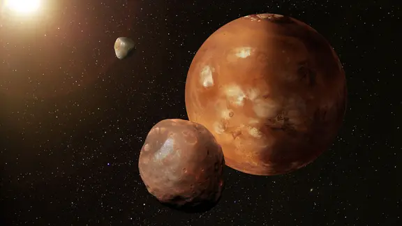 Illustration Planet Mars mit Monden Phobos und Deimos