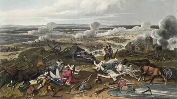 Eine  Lithografie von Manskirch und M. Dubourg zeigt Leichen und Verwundete nach der Völkerschlacht bei Leipzig im Jahr 1813.