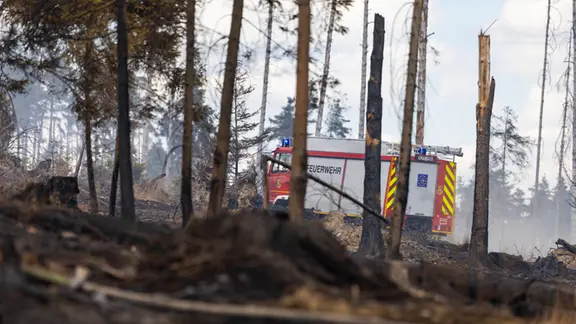 Feuerwehrfahrzeug im Einsatz beim Waldbrand.