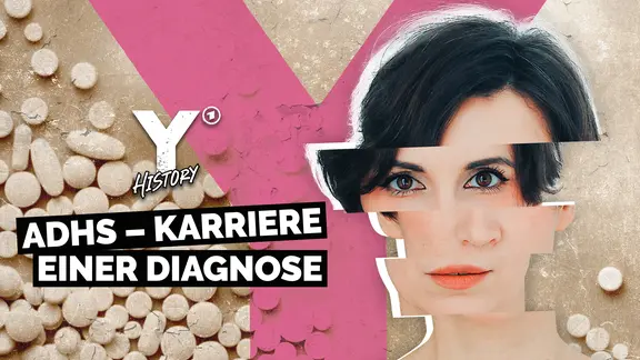Kopf einer Frau, der aus Bildstreifen besteht, die alle etwas versetzt zueinander angeordnet sind. Im Hintergrund weiße Tabletten in verschiednen Formen.