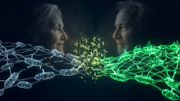 Ein dunkles Bild mit einem biologischen Netzwerk im Vordergrund, das sich von links nach rechts verwandelt: von matt und zerbrochen (blau-grau) über einen goldenen Funkenregen in der Mitte hin zu einer kraftvollen, intakten Struktur (grün). Im Hintergrund zeichnen sich dezent die Profile eines älteren Paares ab.