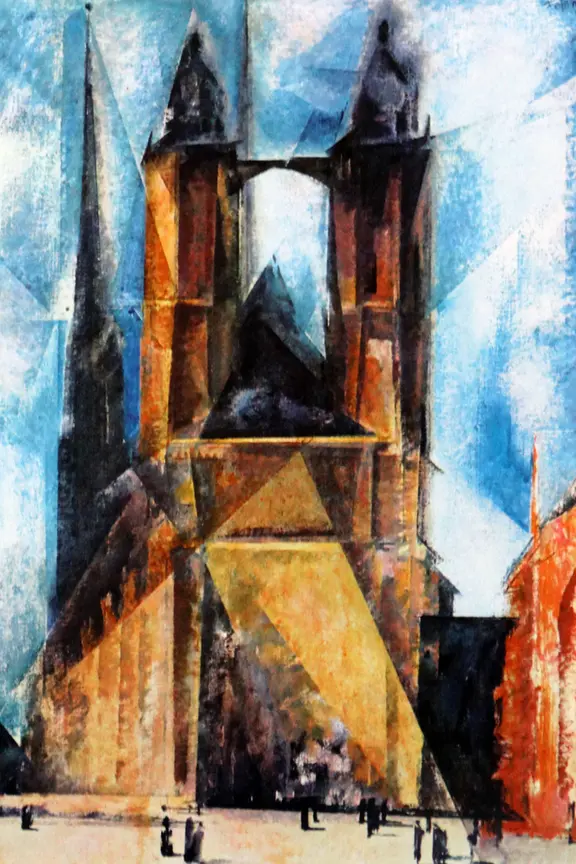 Ο Lyonel Feininger δημιούργησε ιδιαίτερη θέα στην πόλη του Halle. Μόνο τρία έργα από τη σειρά του, συμπεριλαμβανομένης της Εκκλησίας της Αγοράς, παρέμειναν στην πόλη. | imago/United Archives International Lyonel Feininger - Εκκλησία της αγοράς στο Halle