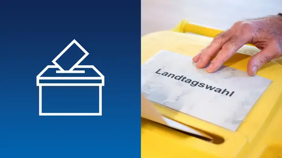 Links auf blauem Hintergrund symbolisch mit weißen Linien dargestellt eine Wahl-Ure mit Stimm-Zettel, rechts ein Foto mit einer gelben Wahlurne. Auf ihr liegt ein weißer Zettel mit dem Wort Landtagswahl in Schwarz.