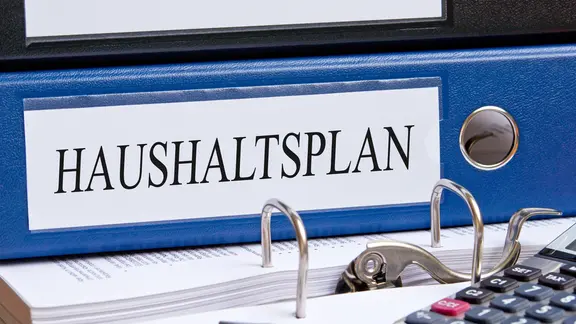 Ein geschlossener Aktenordner mit der Aufschrift "Hauahaltsplan" liegt auf einem offenen Aktenordner.