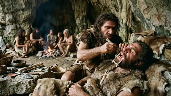 KI-generierte Zeichnug zeigt eine Zahnbehandlung bei Neandertalern